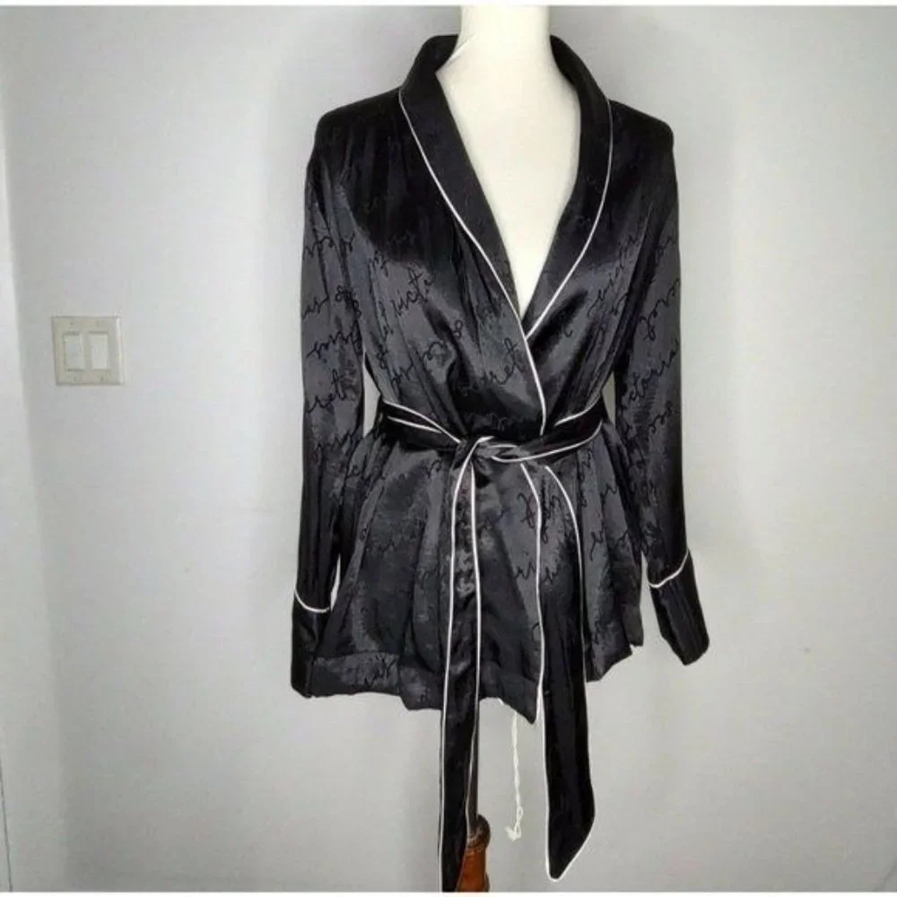 Victoria's Secret Pajama Set Black Satin sz S Top+ Short Wrap Kimono Robe Logo - Picture 3 of 11
